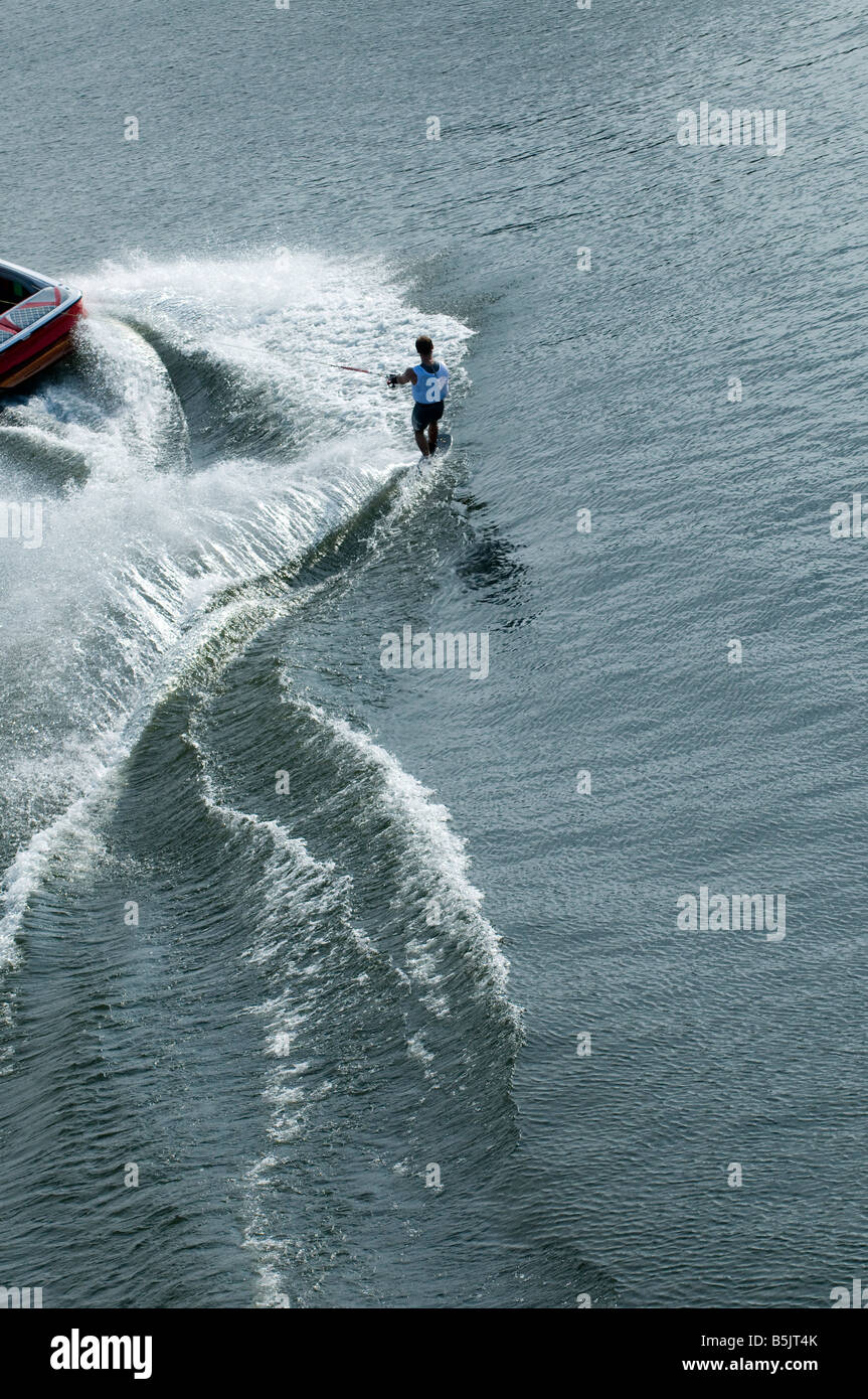 Waterskier in action at waterski and wakeboard competition in Putrajaya, Malaysia. Stock Photo
