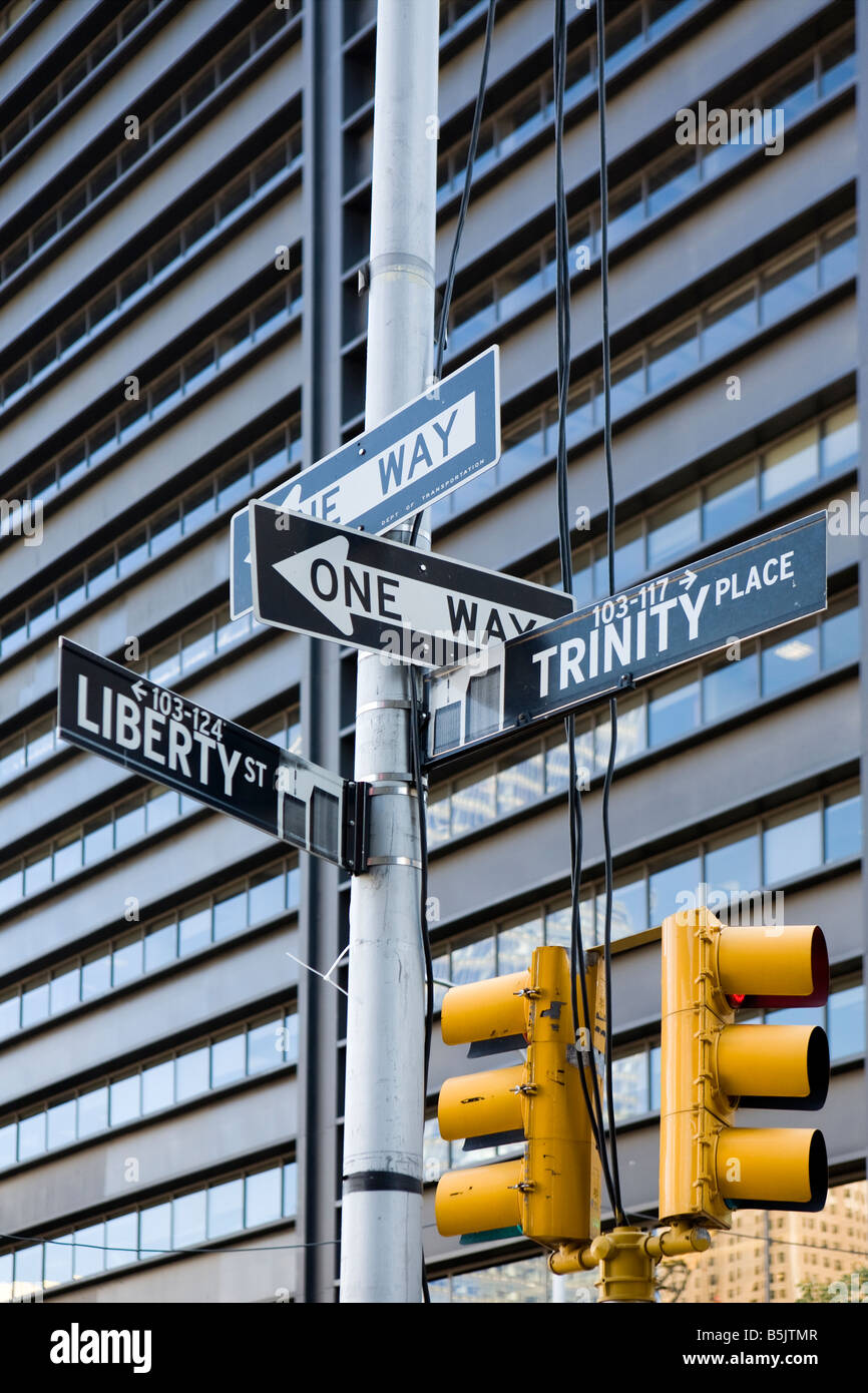 Directions and traffic lights close to Ground Zero, Manhattan, New York City, USA Stock Photo