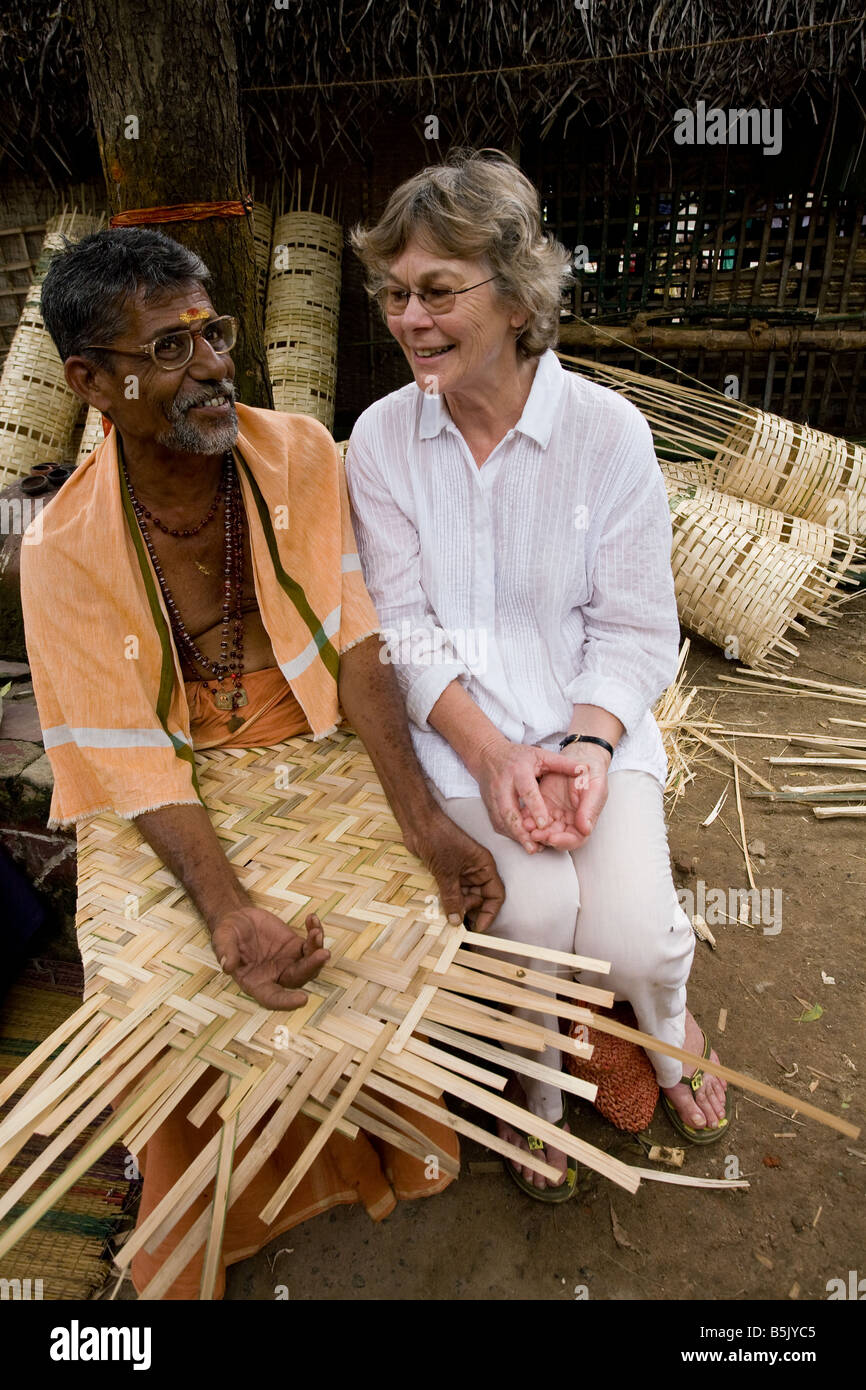 Celebrity granny Jane Fernley-Whittingstall with Mr Rajindra of self help group making bamboo mats and baskets at Velipalayam Stock Photo