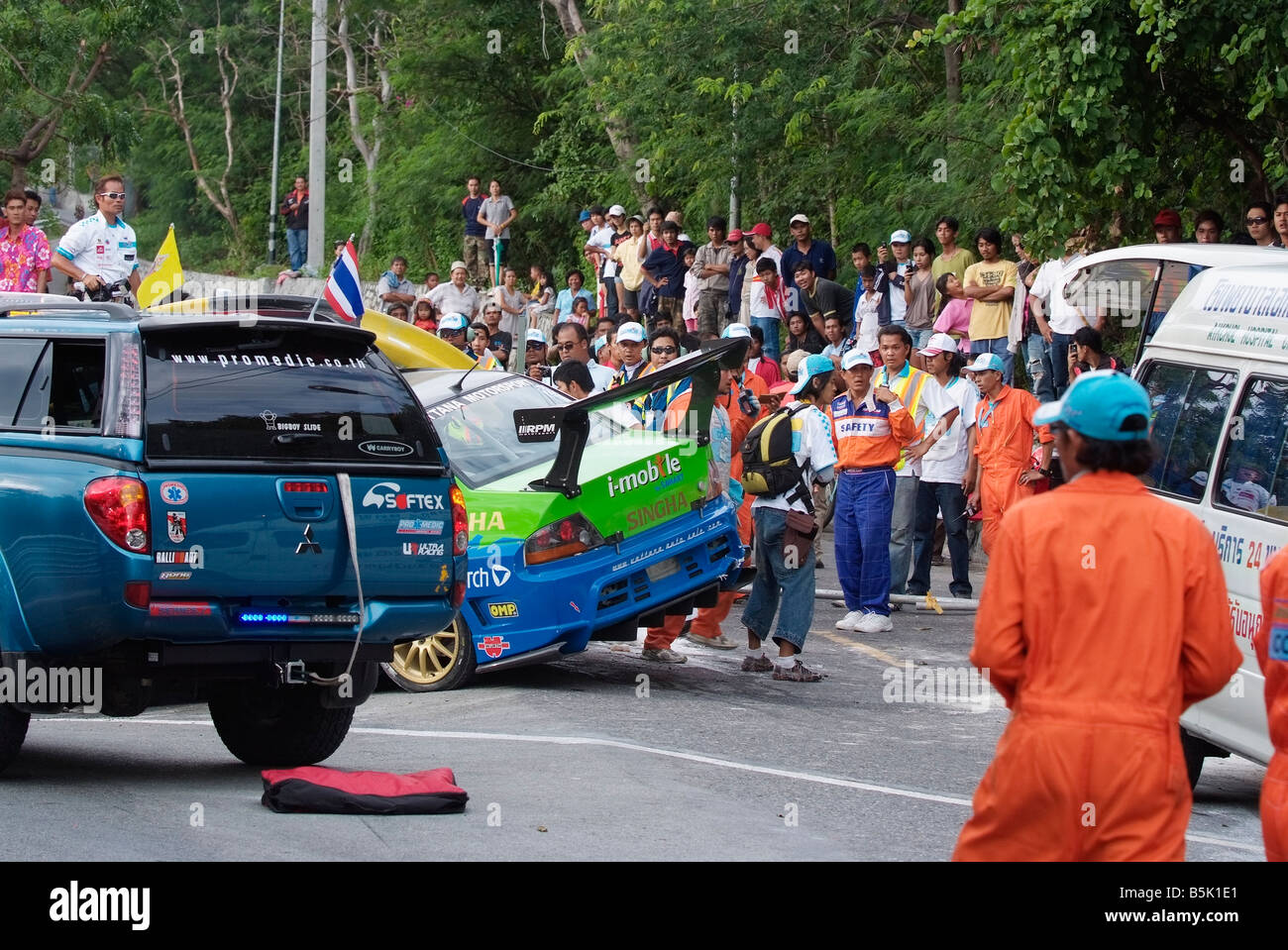 Serious accident involving a racing car that has crashed into a barrier ...