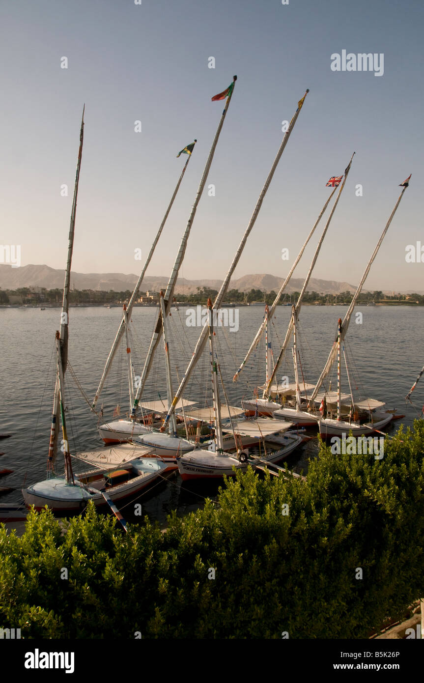 Traditional wooden Felucca sailing boats docked along the Nile river in Aswan Egypt Stock Photo