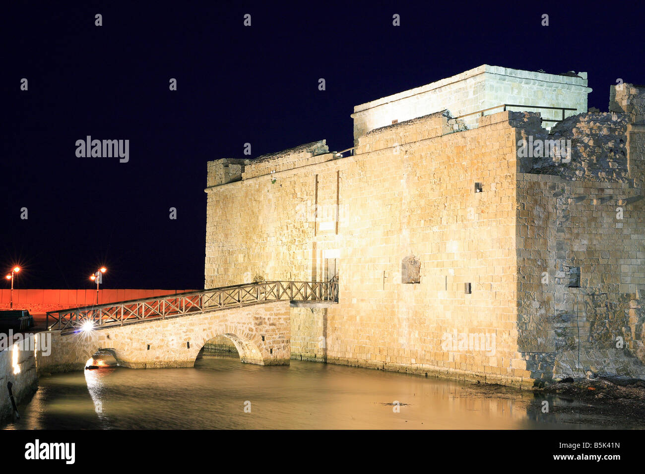 Paphos Castle in the Harbour by night Cyprus Greece Stock Photo