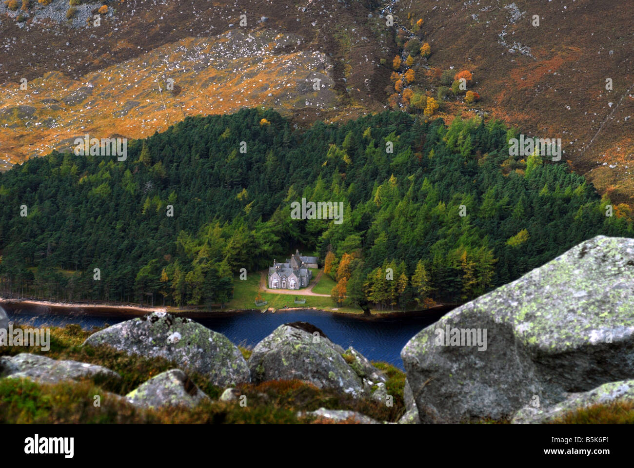 View across Loch Muick of Glas allt Shiel from a high level footpath Stock Photo