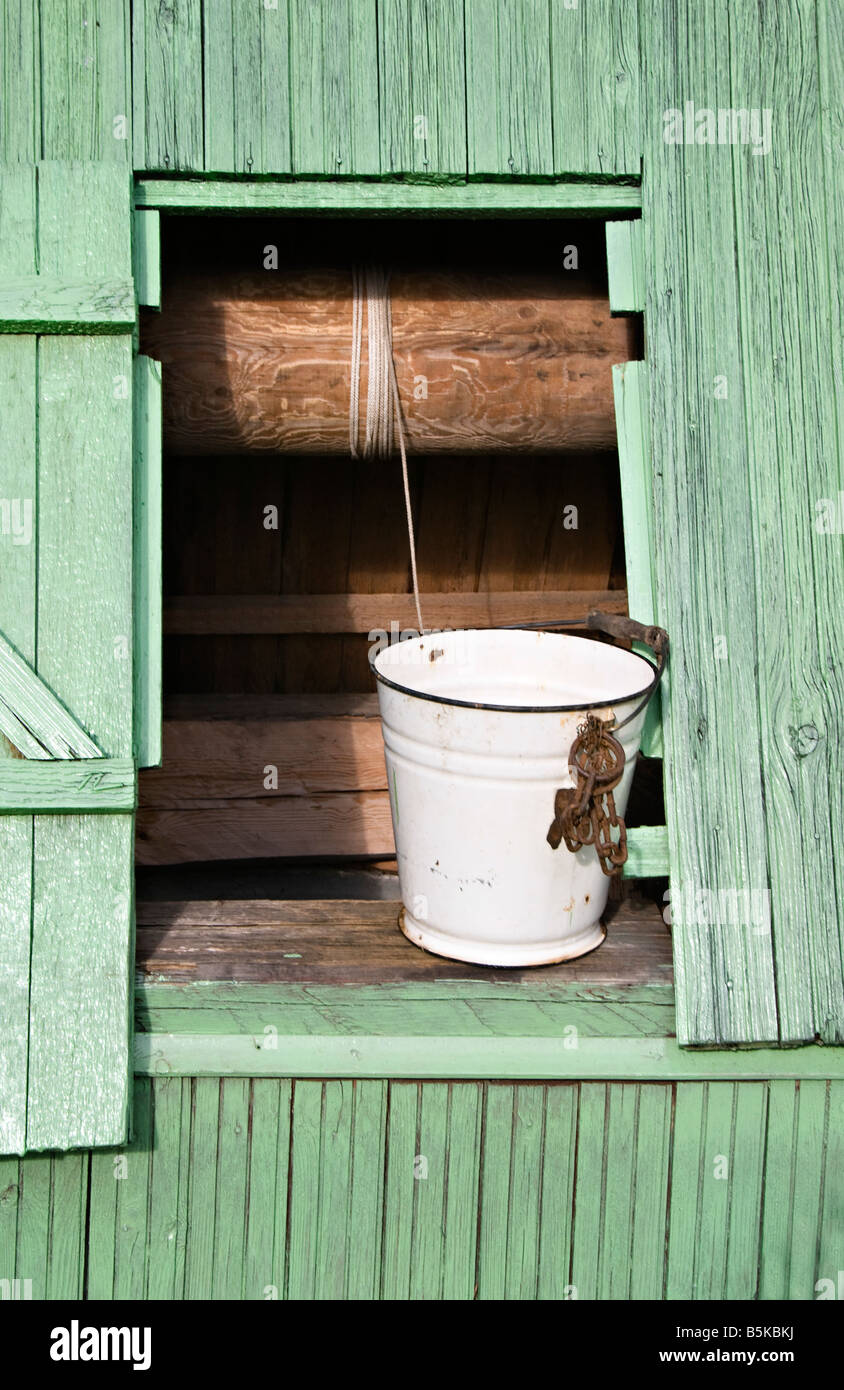 Traditional Dacha's well and bucket, Somino village, Leningrad region, Russia Stock Photo