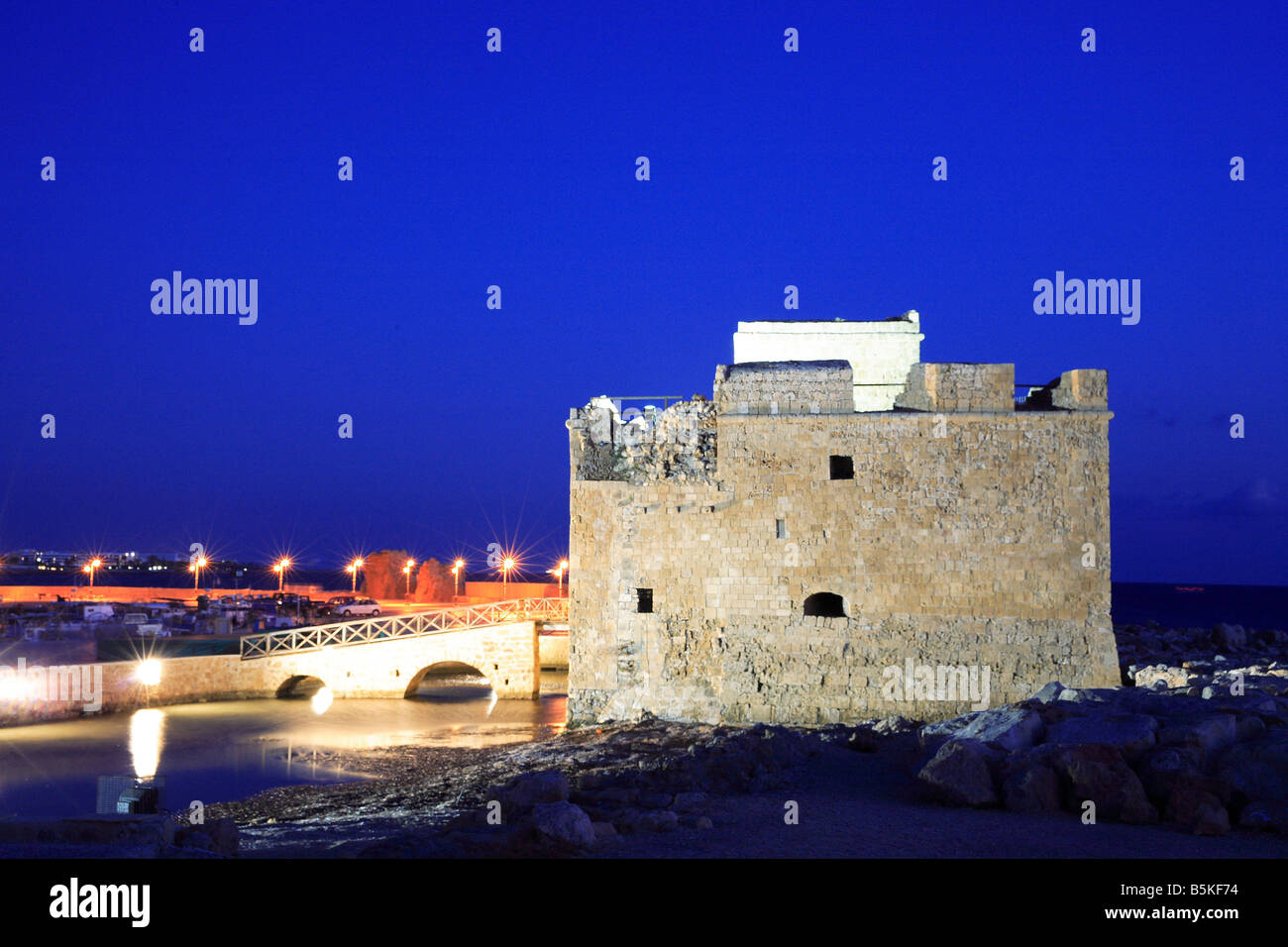Paphos Castle in the Harbour by night Cyprus Greece Stock Photo