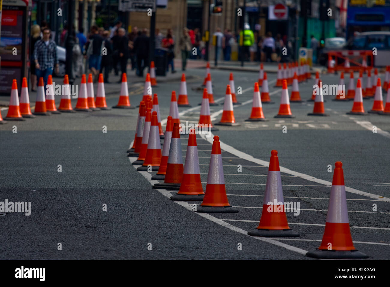 A street in Manchester with certain lanes coned off due to the 2008 Labour Party Confrence. Stock Photo
