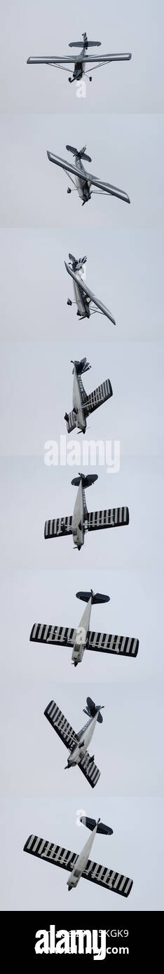 Spin sequence of Bellanca Decathlon aerobatic aircraft during an airshow at Anchorage Stock Photo