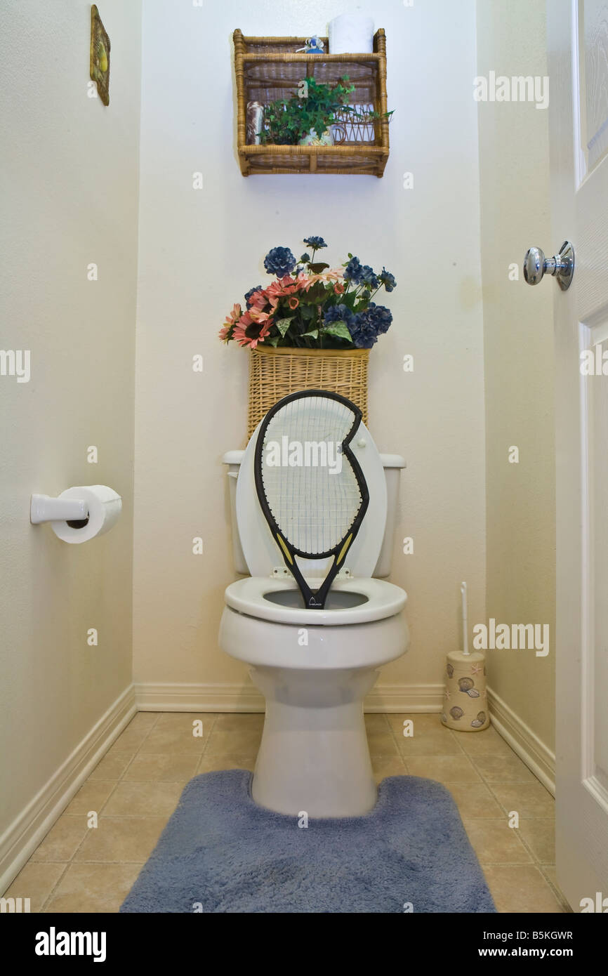 Tennis racket in the toilet In the toilet is an idiom meaning in a bad  condition Stock Photo - Alamy