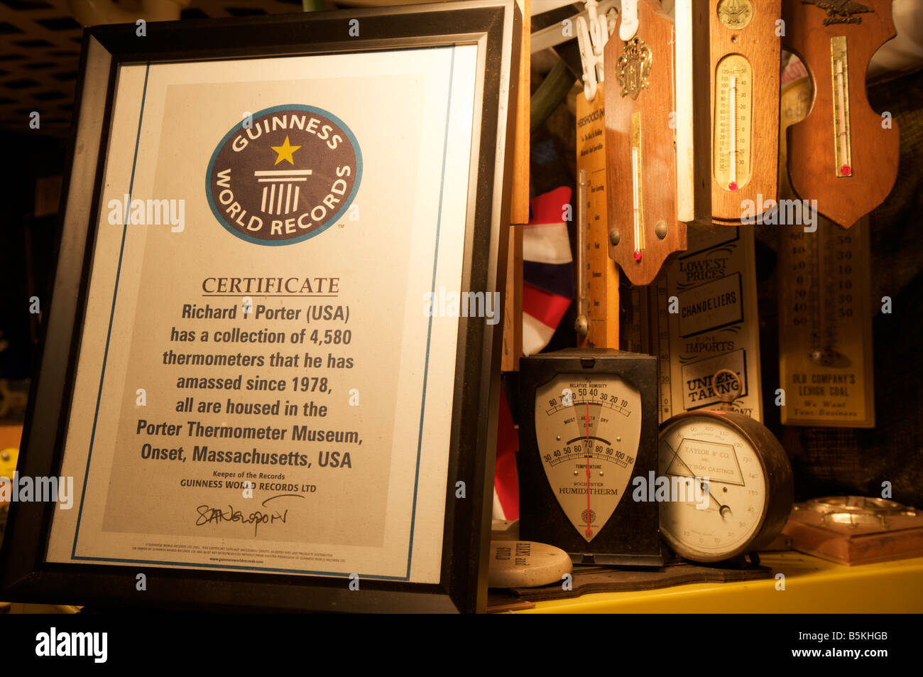 Guinness World record certificate of Richard Porter's thermometer collection. Stock Photo