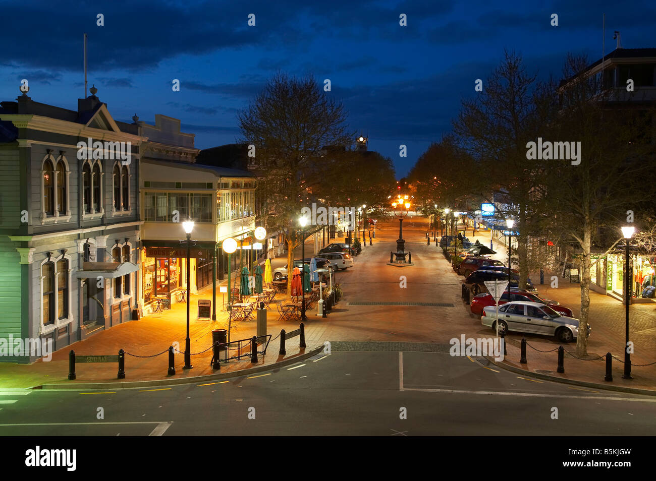 Trafalgar Street at Night Nelson South Island New Zealand Stock Photo