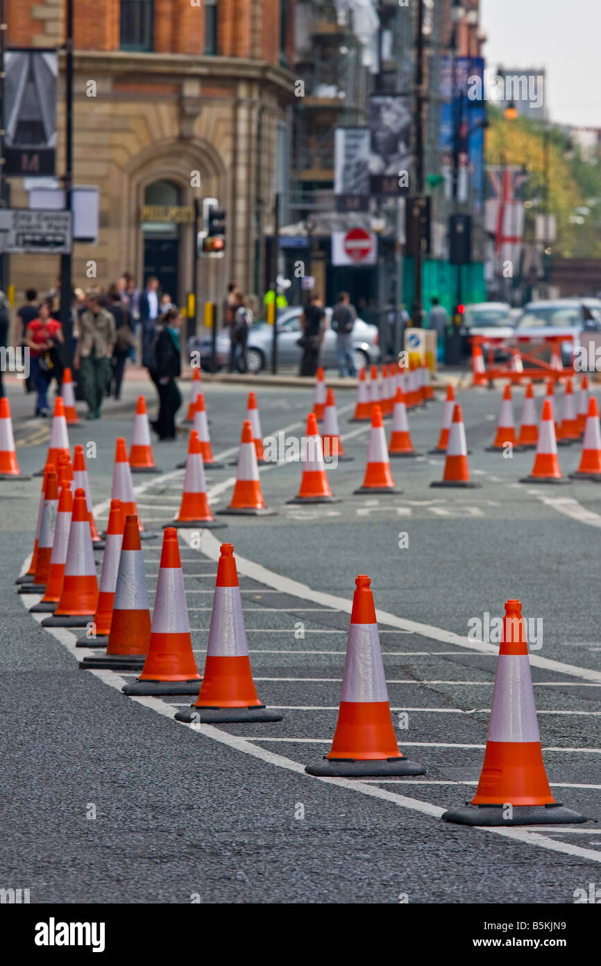 A street in Manchester with certain lanes coned off due to the 2008 Labour Party Confrence. Stock Photo