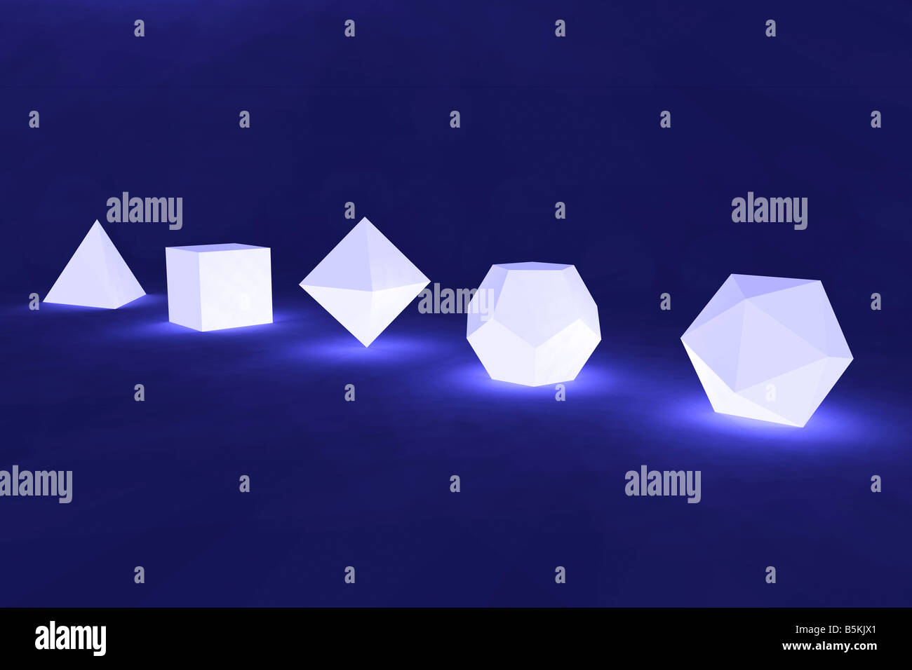 The five platonic solids lined up in a row. (3D rendering). Stock Photo