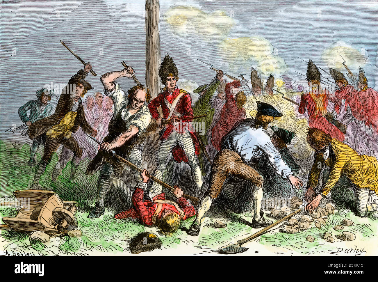 Defense of the Liberty Pole by colonial patriots in New York 1760s. Hand-colored woodcut Stock Photo