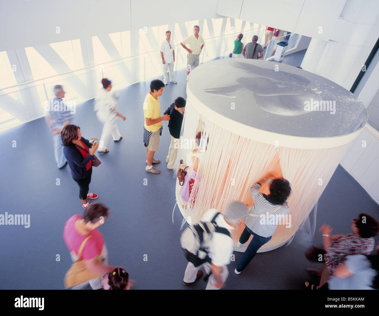 People inside the Water Tower (Torre del Agua) designed by Enrique de Teresa at the Water Expo Zaragoza, Spain. Stock Photo
