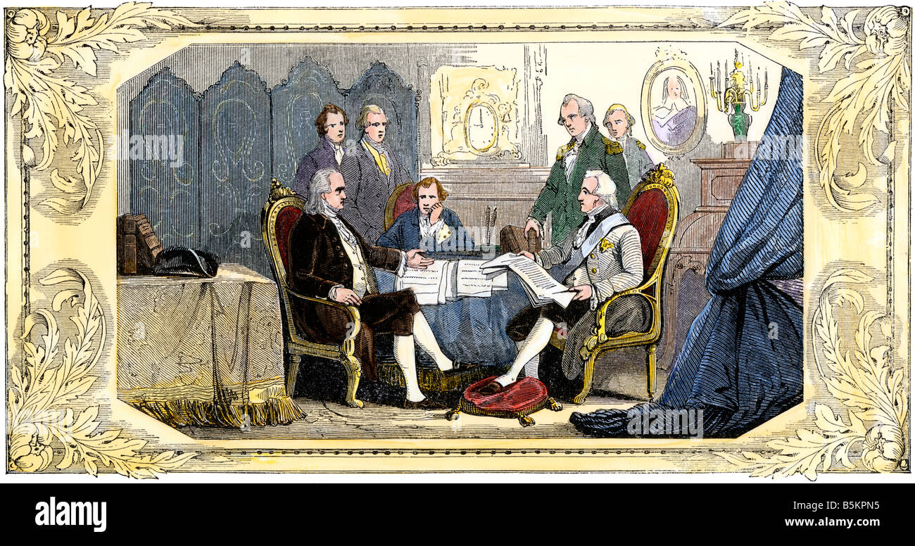 American and French representatives signing a Treaty of Alliance at Paris American Revolution. Hand-colored woodcut Stock Photo