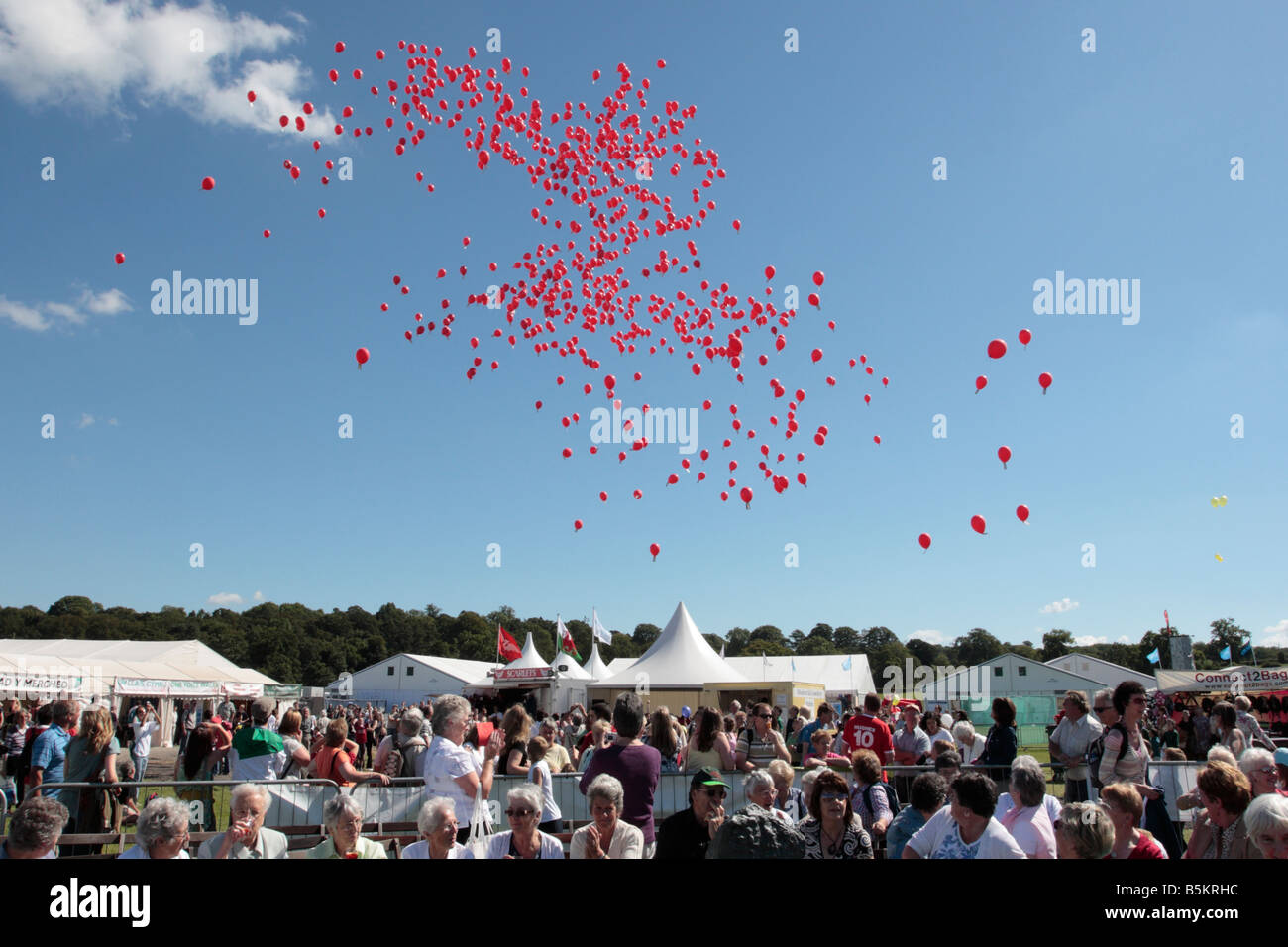Red balloons fly away in a balloon race from the 2007 Eisteddfod in