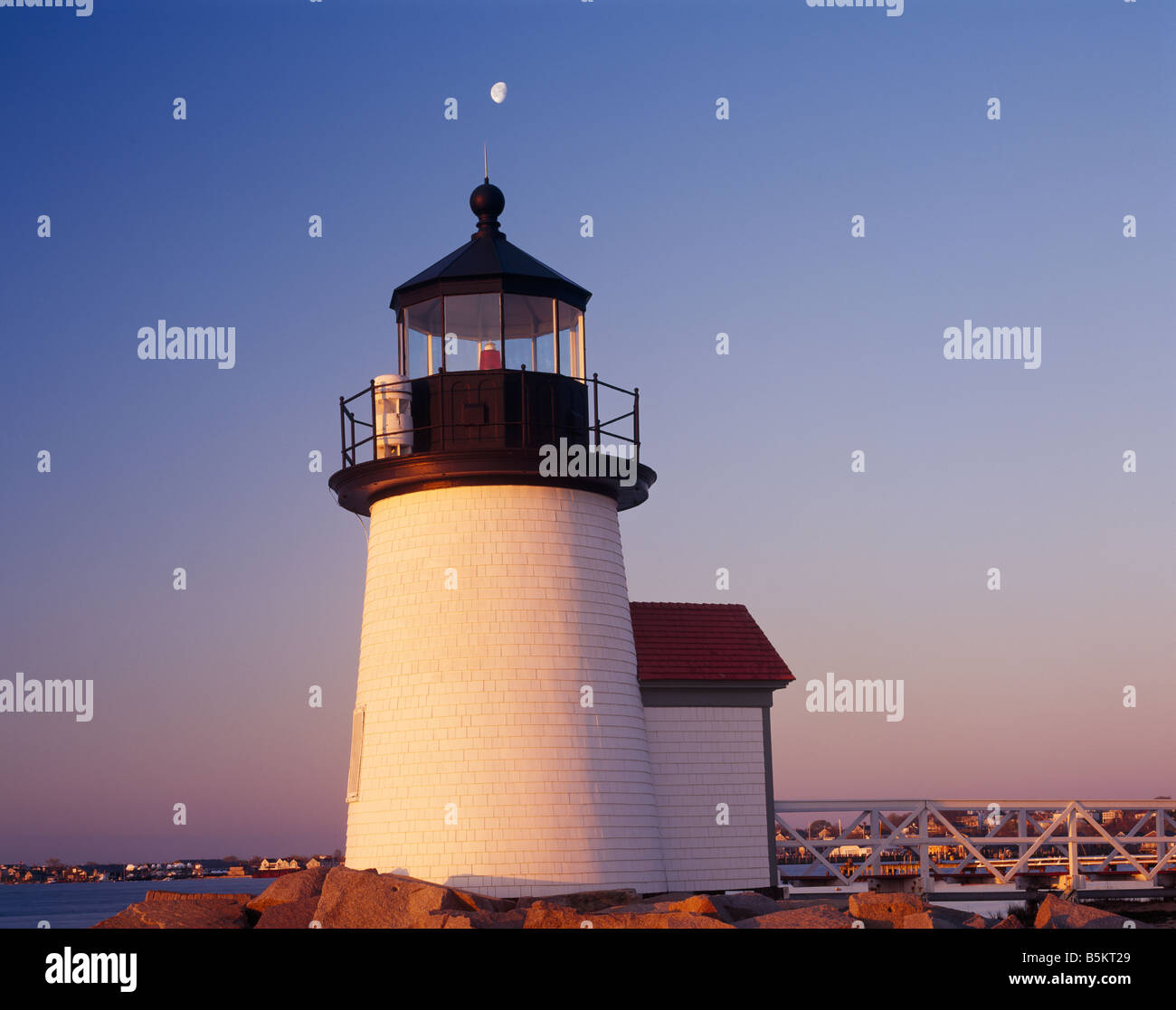 Brant Point Lighthouse and moon Nantucket Island Massachusetts Stock Photo