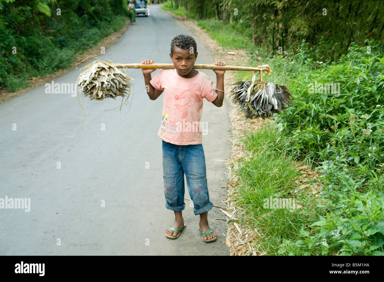 A little street pedlar of dried fish (Flores - Indonesia). Petit vendeur ambulant de poisson séché (Florès - Indonésie). Stock Photo