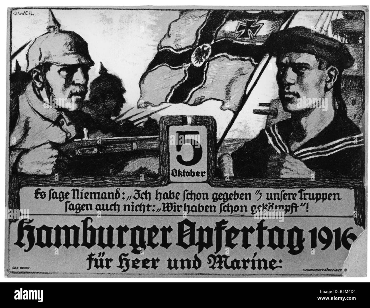 events, First World War / WWI, propaganda, 'Hamburger Opfertag für Heer und Marine' (Hamburg day of sacrifice 1916 for the benefit of army and navy), drawing, by O. Weil, Germany, 1916, Stock Photo