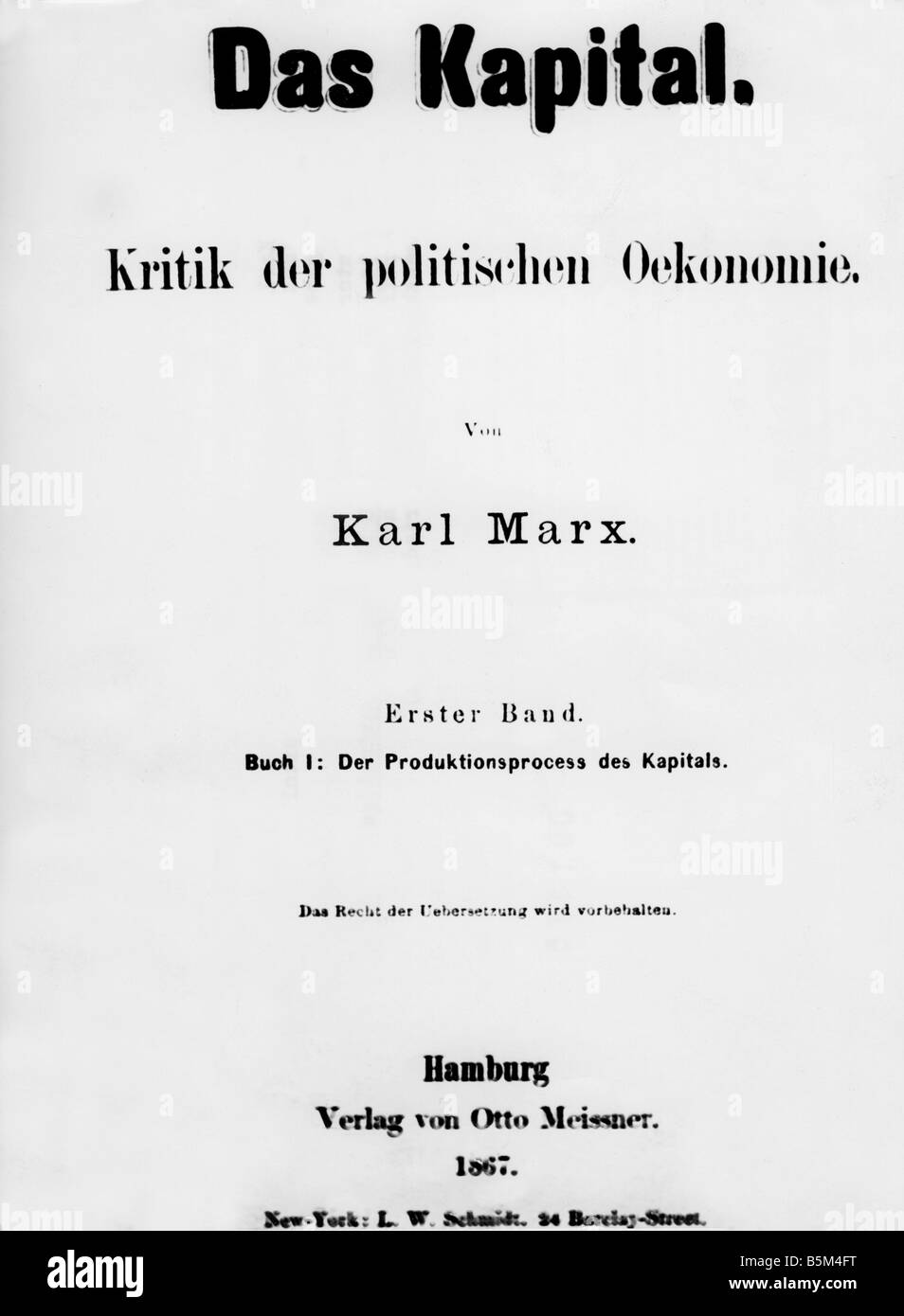 Marx, Karl, 5.5.1818 - 14.3.1883, German philosopher and journalist, works, 'Das Kapital' (Capital), title, first edition, Hamburg, 1867, Stock Photo
