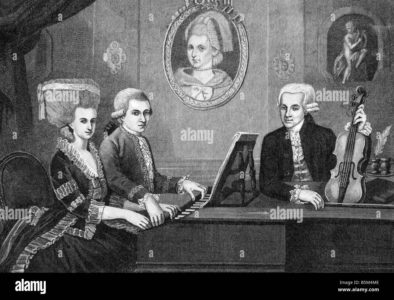 Mozart, Wolfgang Amadeus, 27.1.1756 - 5.12.1791, Austrian musician (composer), half length, with father Leopold and sister Maria Anna, after painting by Della Croce, 1780, wood engraving, 19th century, Stock Photo