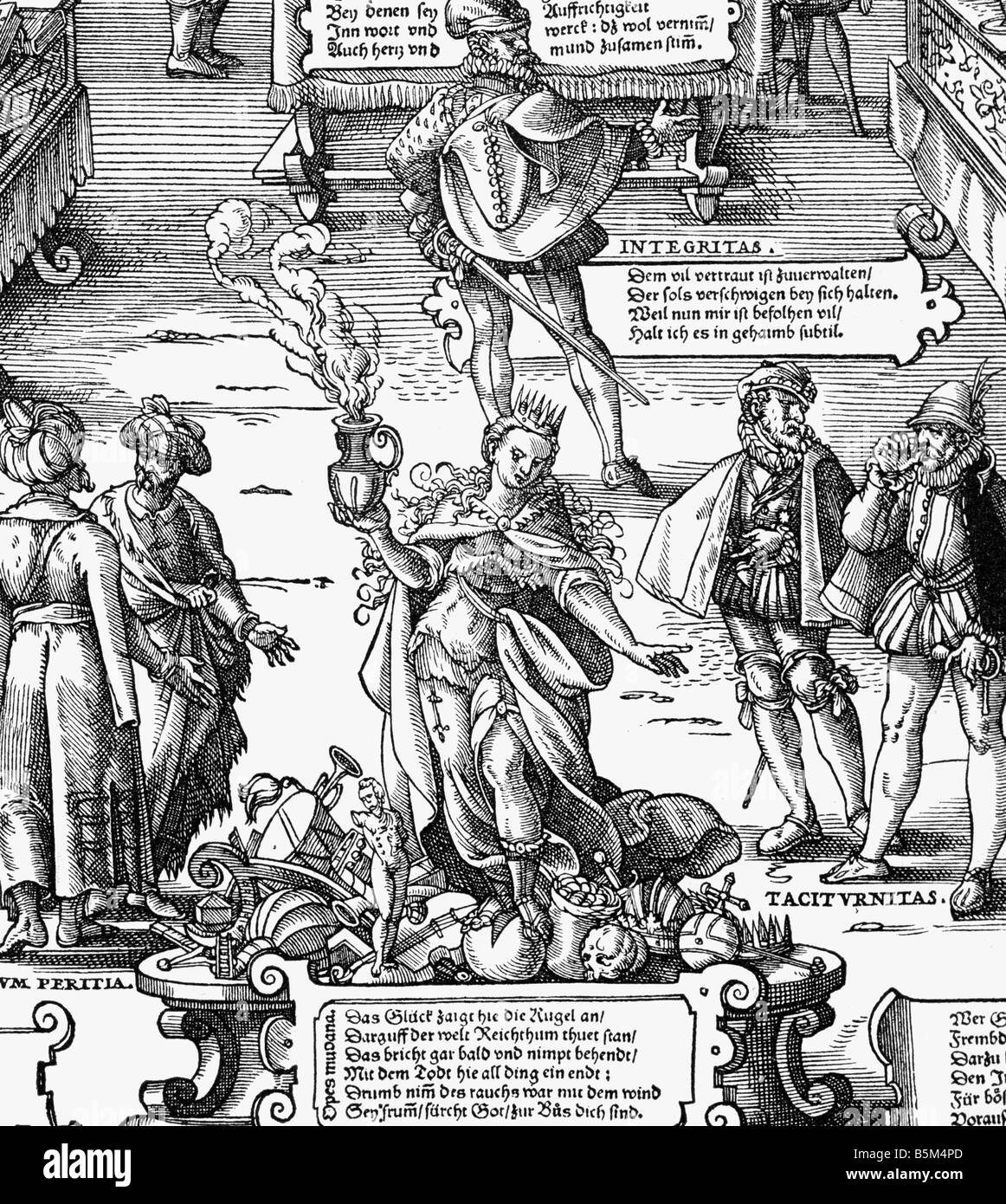 Fortuna, Roman goddess of fortune, woodcut by Jost Amman (1539 - 1591), detail from an allegory of trade, Stock Photo