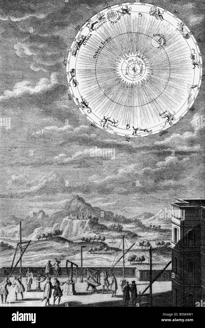 astronomy, observatories, observatory, copper engraving, early 18th century, astrology, zodiac, science, historic, historical, people, Artist's Copyright has not to be cleared Stock Photo