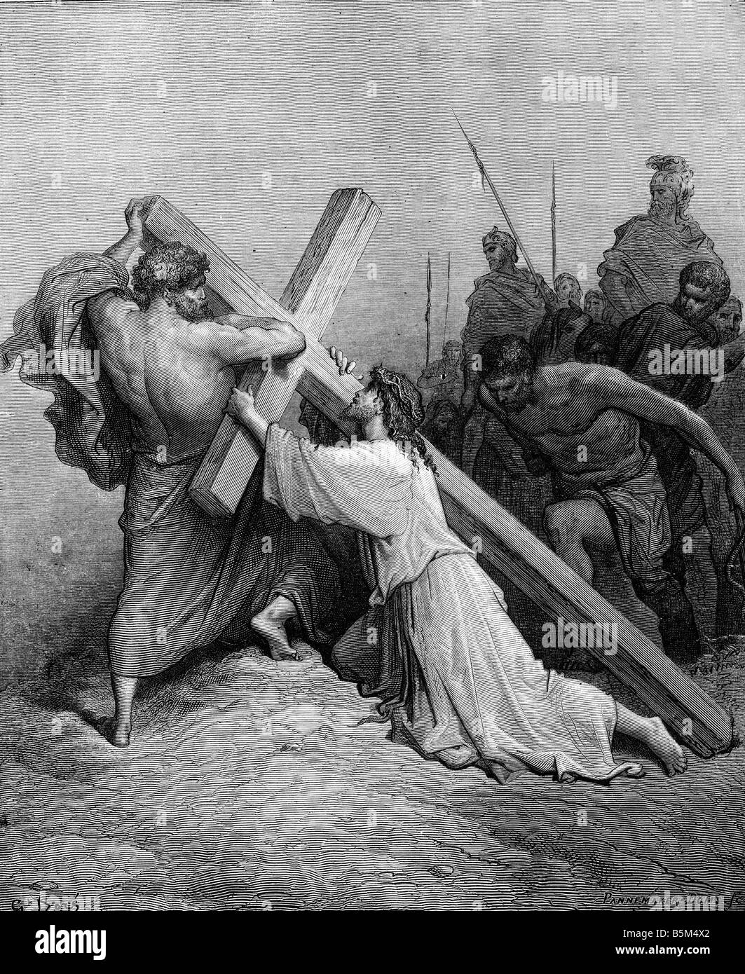 Jesus Christ, circa 4 BC - circa 33 BC, carrying his cross to the crucifiction, wood engraving, after drawing by Gustave Dore, 19th century, Artist's Copyright has not to be cleared Stock Photo