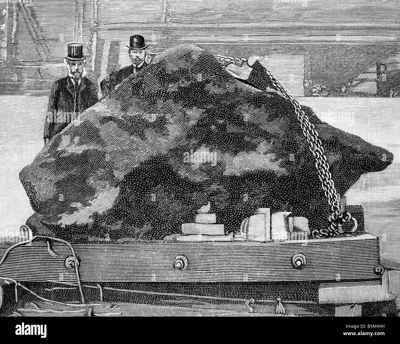 astronomy, meteorites, Cape York Meteorite, discoverd 1818 by John Ross, recoered by Robert Peary 1897, arrival in Brookly, New York, 2.10.1897, wood engraving, iron, USA, science, Greenland, 19th century, historic, historical, people, Stock Photo
