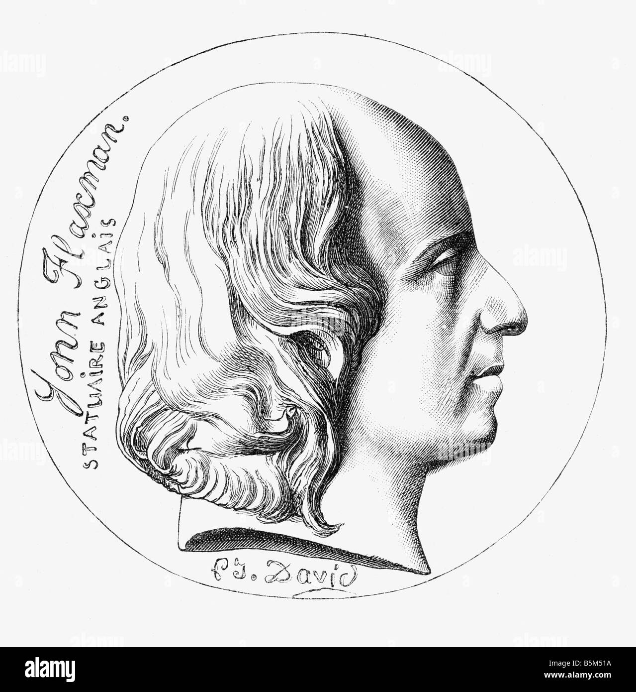 Flaxman, John, 6.7.1755 - 7.12.1826, English draughtsman, sculptor, portrait, side view, after relief by David, 19th century, Stock Photo