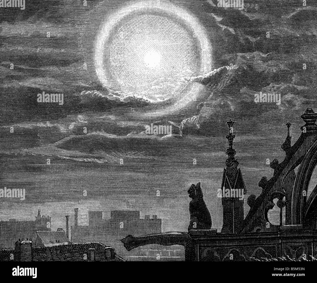 astronomy, moon, corona, wood engraving, 'L' Atmosphere. Meteorologie populaire' by Camille Flammarion, 1888, , Stock Photo