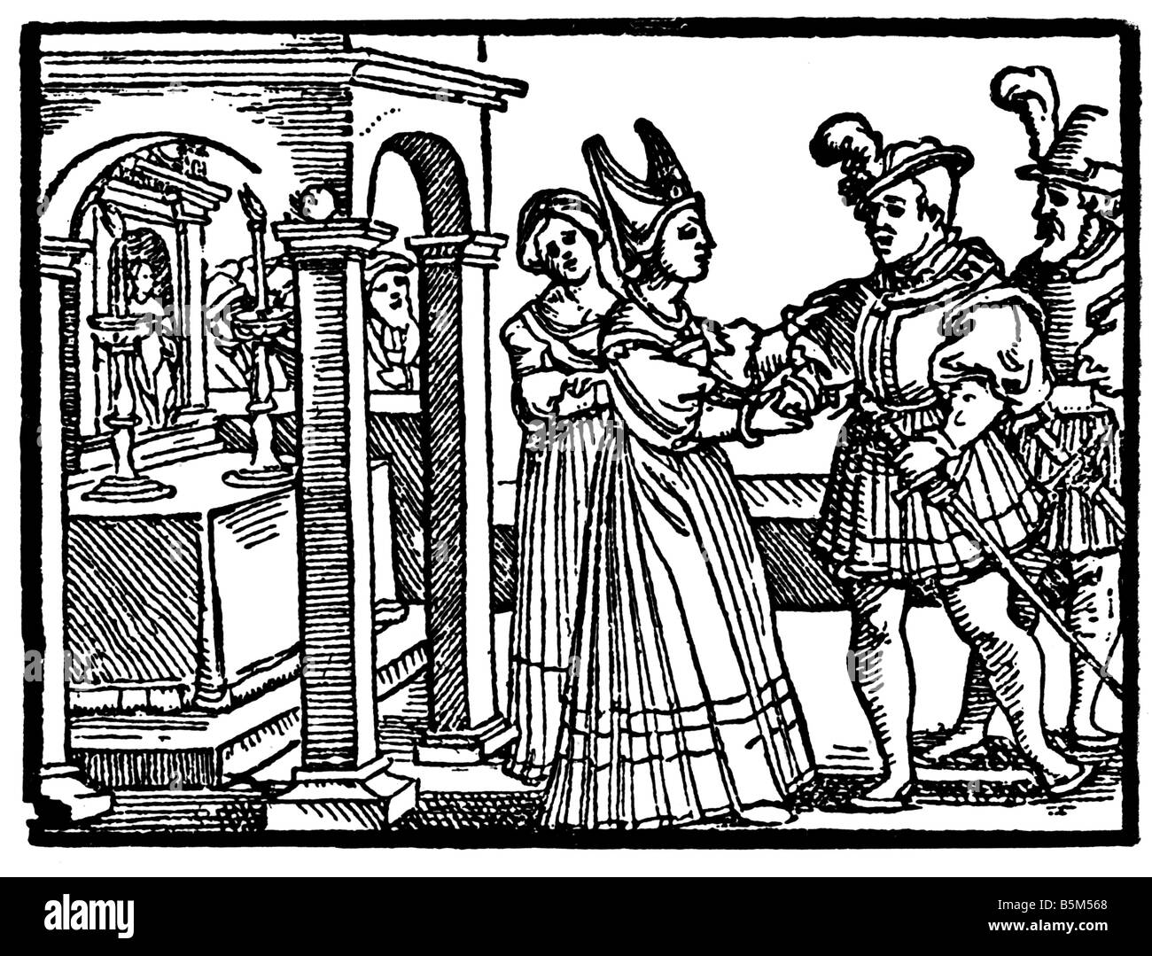 technics, letterpress, woodcut by Hans Brosamer, printed by Weygand Hahn, Frankfurt am Main, circa  1560, used in 'Herzog Ernst', 'Die schoene Magelone' and 'Engelhart', , Stock Photo