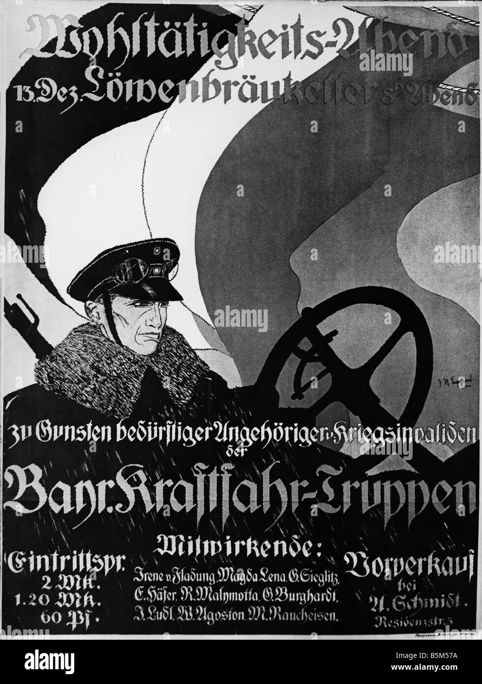 events, First World War / WWI, propaganda, poster, announcement of a charity performance at the Munich Loewenbraeukeller, drawing, by J. K. Engelhard, Germany, 1915, Stock Photo
