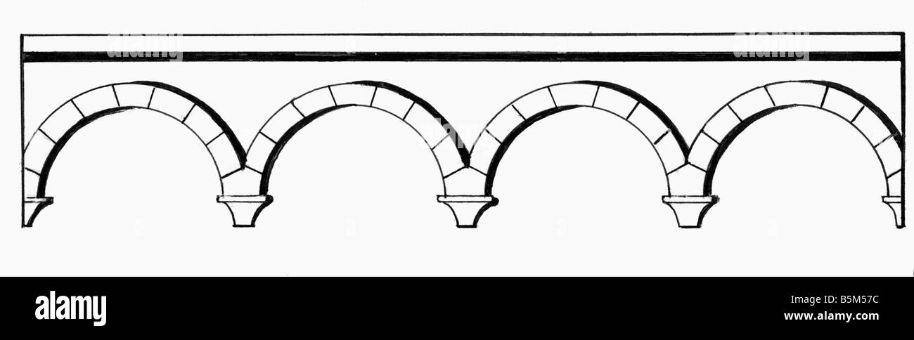 architecture, detail, frieze, Romaneaque round arch frieze, ink drawing, 20th century, middle ages, historic, historical, medieval, Stock Photo