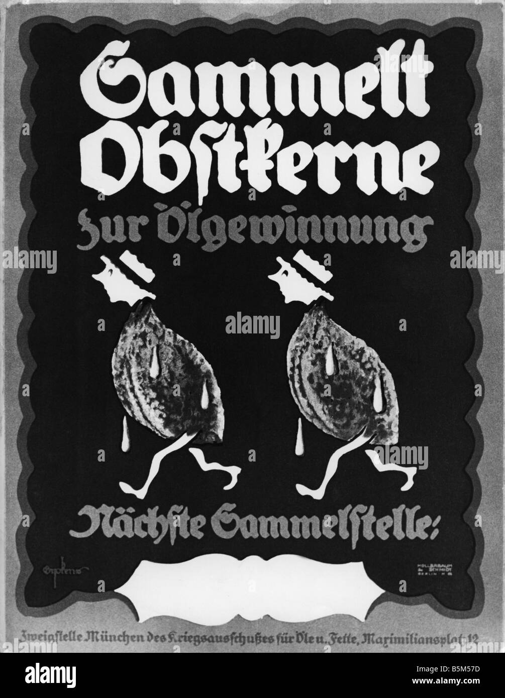 events, First World War / WWI, propaganda, poster 'Sammelt Obstkerne zur Oelgewinnung' (Collect fruit stones for oil extraction), Munich, Germany, 20th century, Stock Photo