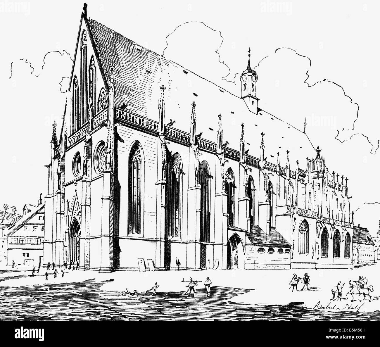 geography / travel, Germany, Schwaebisch Gmuend, Holy Cross Church, exterior view, drawing, 19th century, architecture, catholic church, religion, christianity, historic, historical, Baden-Wurttemberg, Baden-Wuerttemberg, Schwabisch Gmund, Wuerttemberg, Wurttemberg, Württemberg, Schwäbisch Gmünd, people, Stock Photo