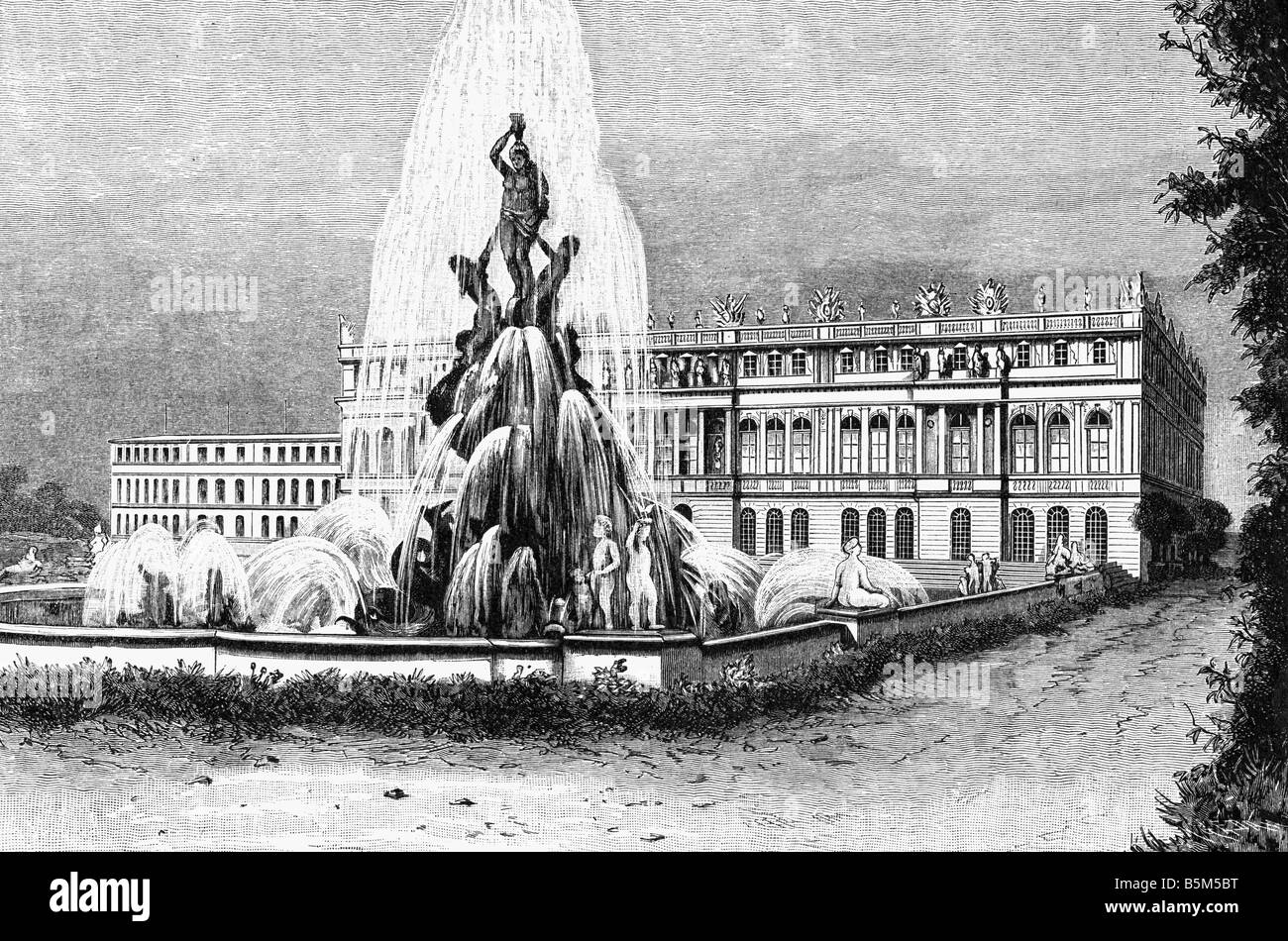 architecture, castles, Germany, Bavaria, Herrenchiemsee Castle, built 1878 - 1886, architect: Georg Dollmann, exterior view, park, designed by Carl von Effner, wood engraving, circa 1890, fountain, Wittelsbach, King Louis II, Upper Bavaria, Kingdom, 19th century, historic, historical, Ludwig, Stock Photo