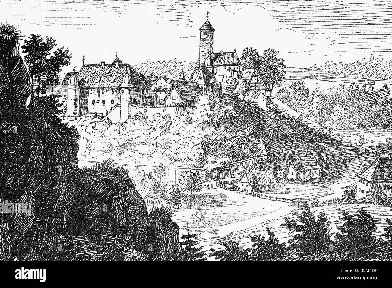 architecture, castles, Germany, Bavaria, Aufsess Castle, exterior view, wood engraving, 19th century, landscape, mountains, Franconian Switzerland, Upper Franconia, historic, historical, Stock Photo