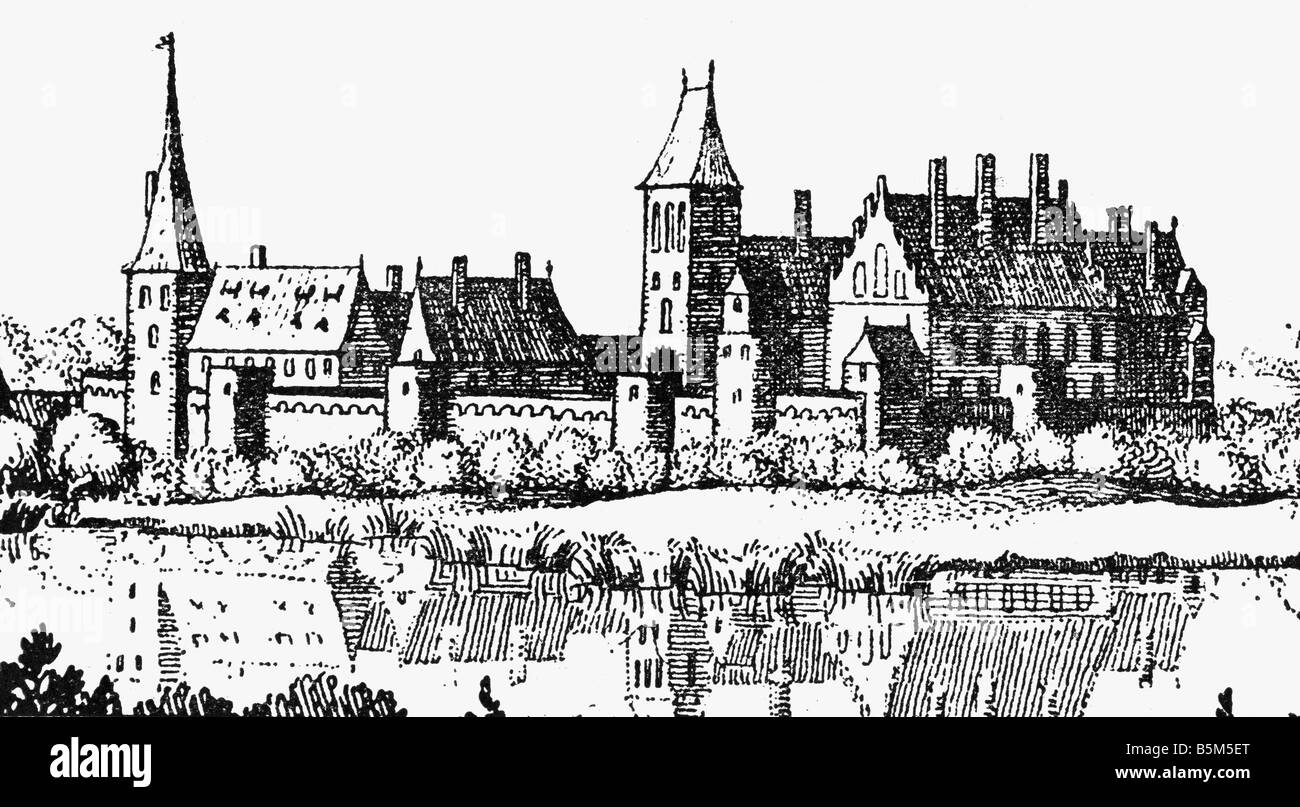 architecture, castles, Germany, Brandenburg, Alt Ruppin Castle, built early 13th century, demolished 1797, view, copper engraving, 'Topographia Electoratus Brandenburgici' ny Matthaeus Merian, 1650, , Artist's Copyright has not to be cleared Stock Photo