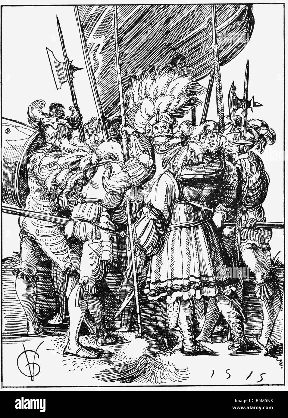 military, Switzerland, Swiss mercenaries, coucil of war during Pavier campaign 1512, Ulrich VII. von Hohensax in the middle, woodcut by Urs Graf, 1515, soldiers, Italian Wars, weapons, war, warfare, 16th century, historic, historical, people, Stock Photo