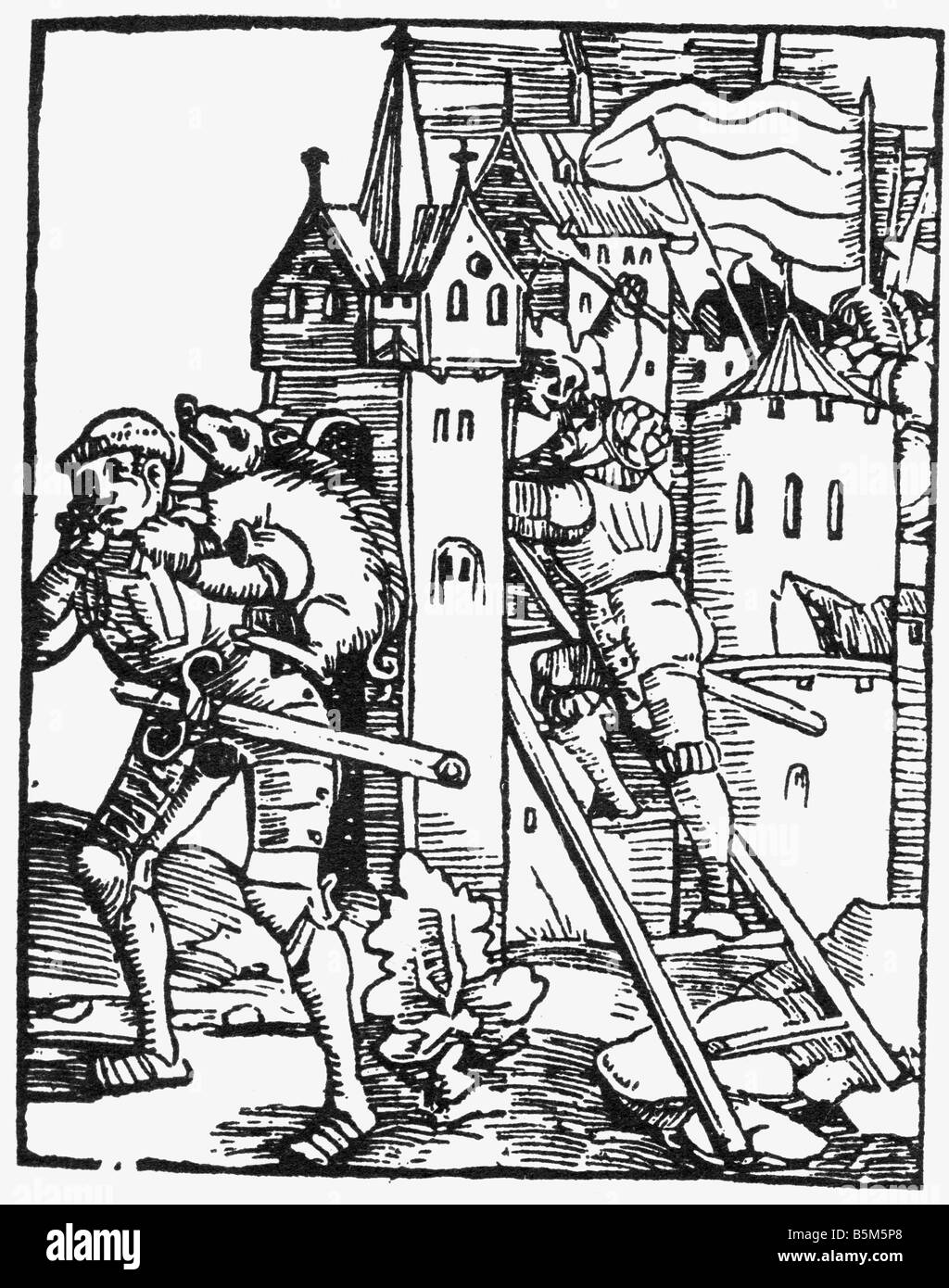 military, Landsknechts, storming a castle, woodcut, 'Von dem großen Lutherischen Narren' von Thomas Murner, 1522, Stock Photo