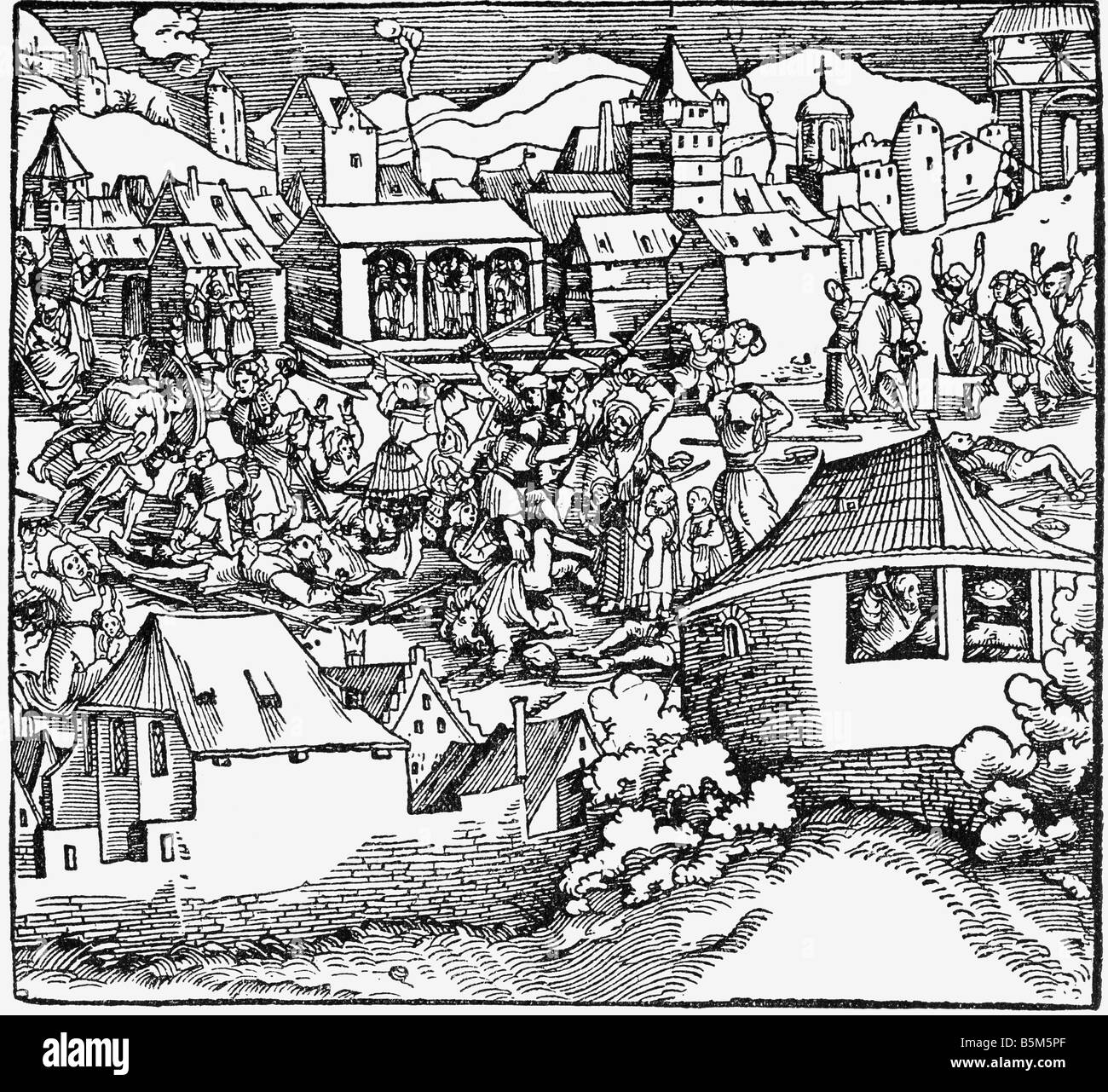 military, Landsknechts looting a city, woodcut by Hans Weiditz, 1532, Stock Photo