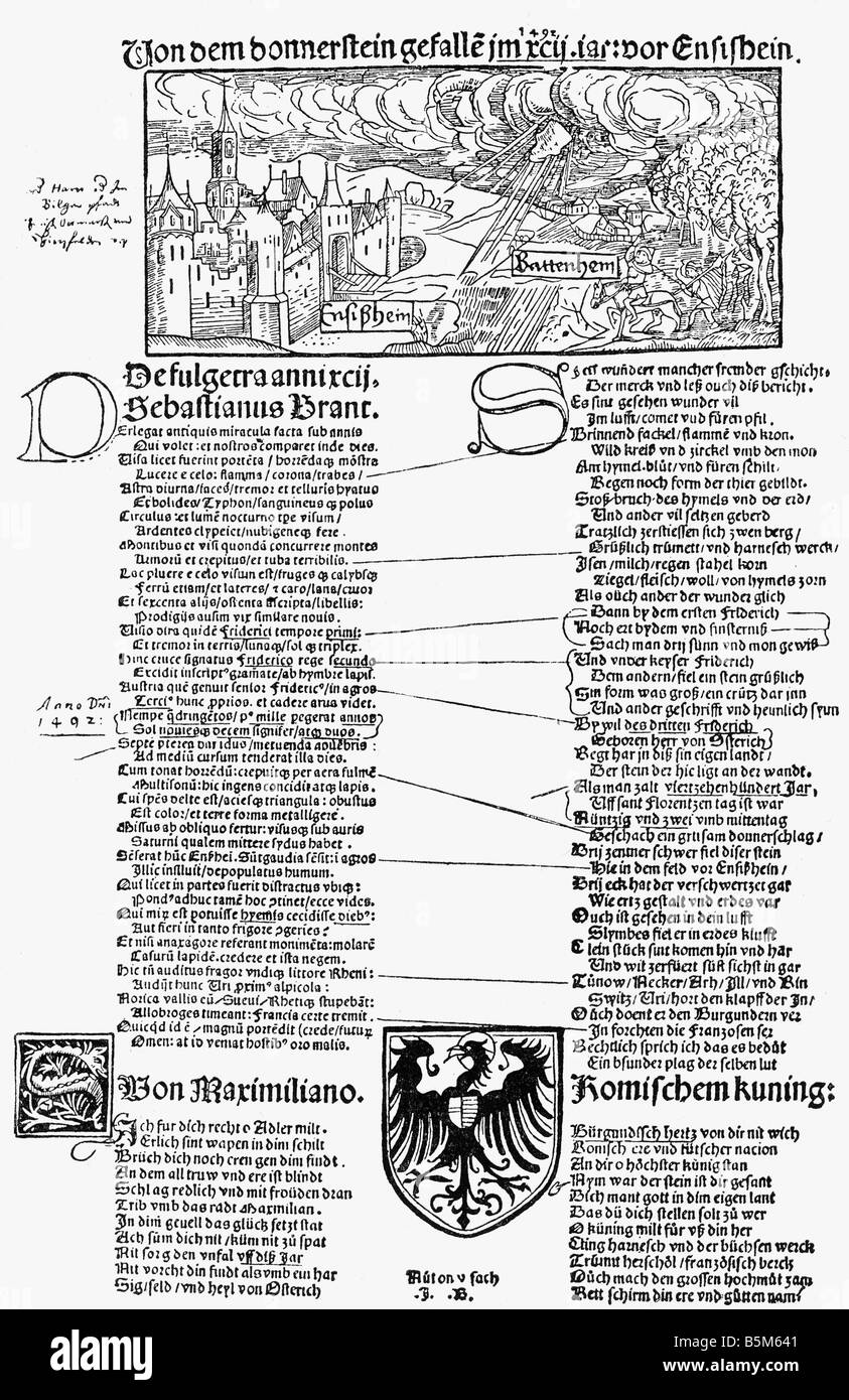 astronomy, meteorites, meteorite falling near Ensisheim, woodcut, leaflet with lyrics by Seabstian Brant, broadsheet by Michel Greiff, Reutlingen, 1492, , Stock Photo