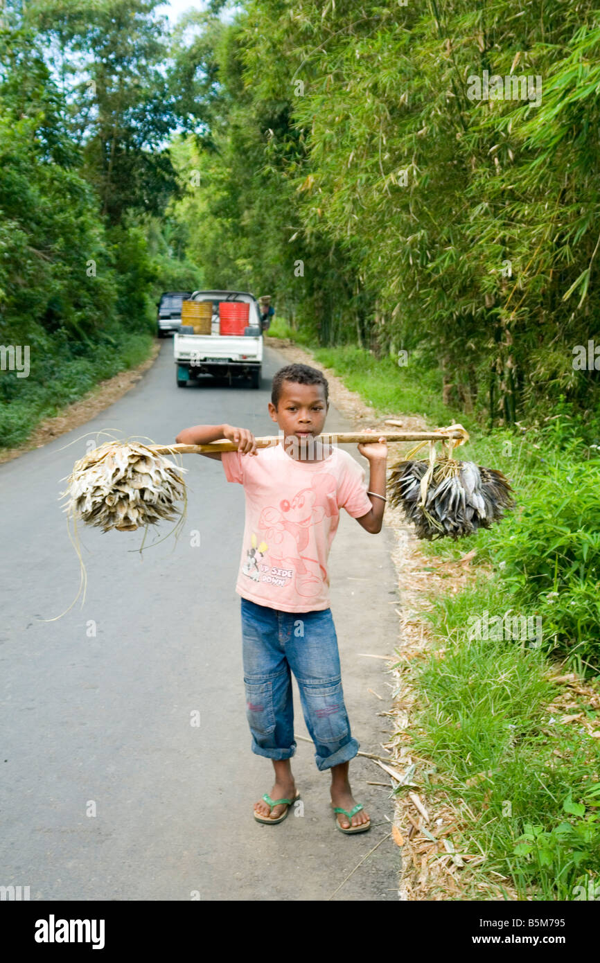 A little street pedlar of dried fish (Flores - Indonesia). Petit vendeur ambulant de poisson séché (Florès - Indonésie). Stock Photo