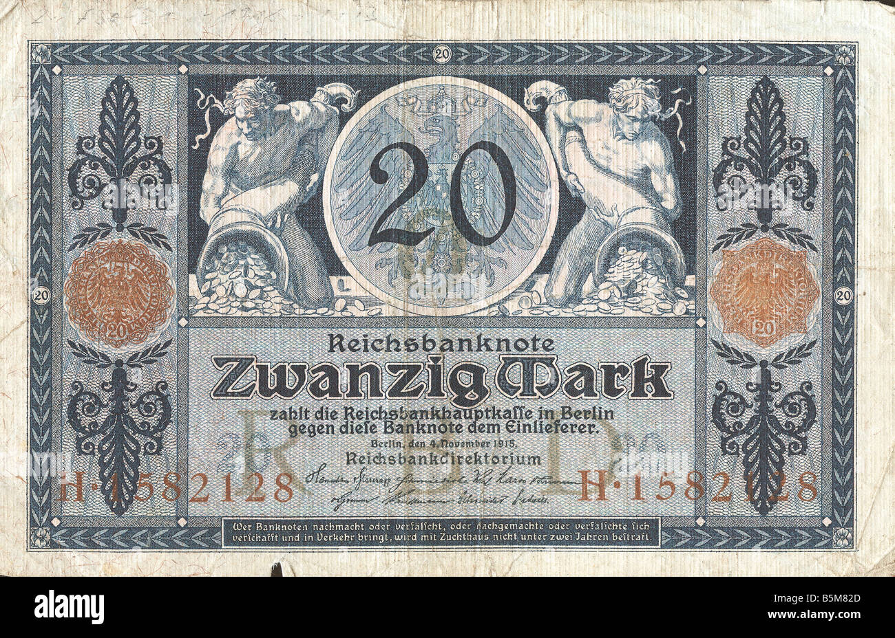 2 F30 D1 1915 1 B 20 Marks 1915 Finances Banknotes German Reich Banknotes from the time of the 1st World War 1914 18 Twenty Mark Stock Photo