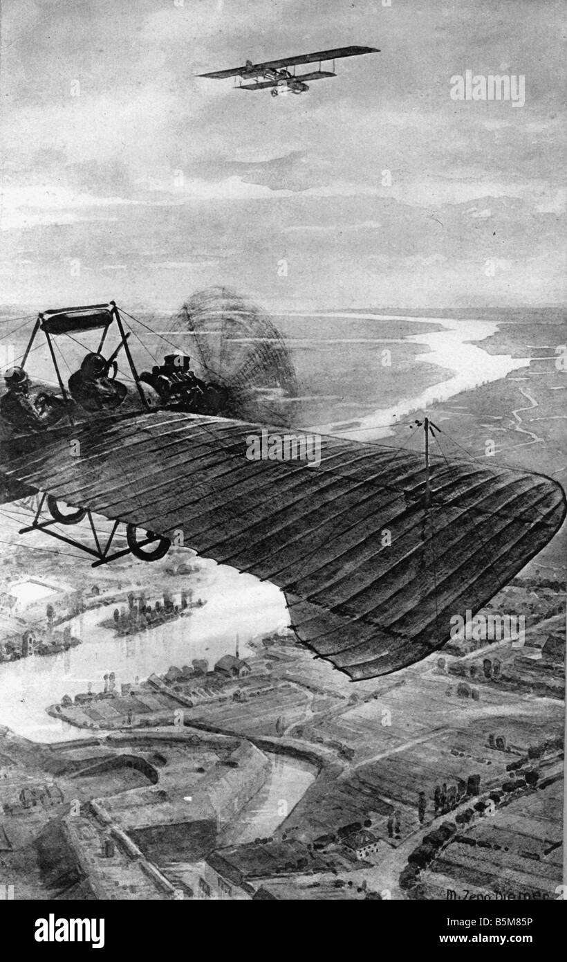 2 G55 B1 1915 3 Rumpler Taube plane in action WWI History World War I Aerial warfare Rumpler Taube plane in action Drawing conte Stock Photo