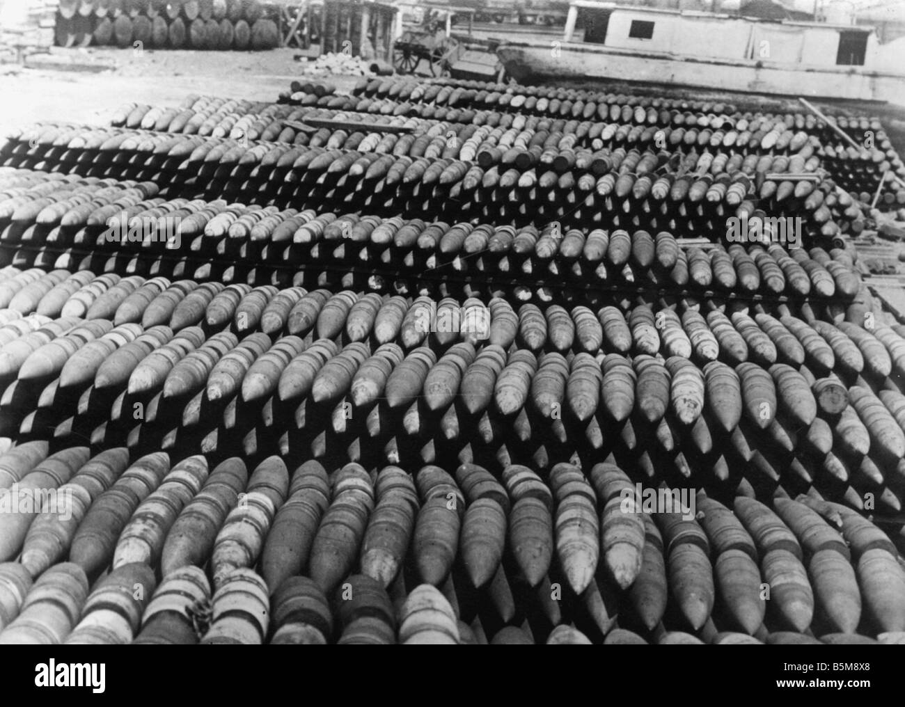 Rows of German shells WWI 1918 History World War I War spoils End of the war 1918 Captured German shells in Pewark Photo Stock Photo