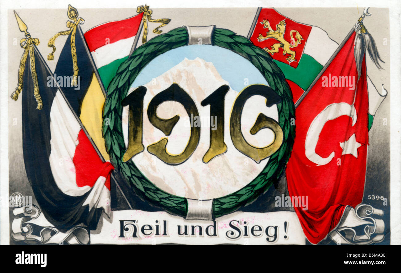 2 G55 P1 1916 4 E 1916 Sieg und Heil Postcard WWI History World War I Propaganda 1916 Heil und Sieg 1916 Sal vation and Victory Stock Photo