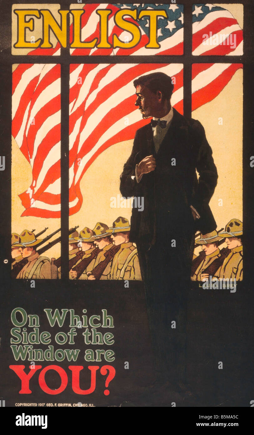 2 G55 P1 1917 63 WW I USA Recruiting Poster 1917 History World War I Propaganda Enlist On which side of the window are you Recru Stock Photo