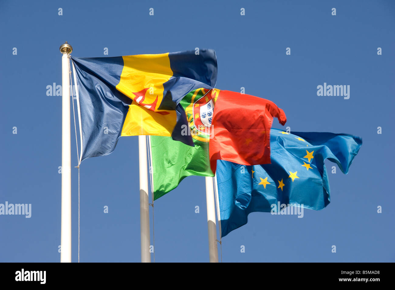 Flags flying of Madeira Portugal and the European Union close up Stock Photo